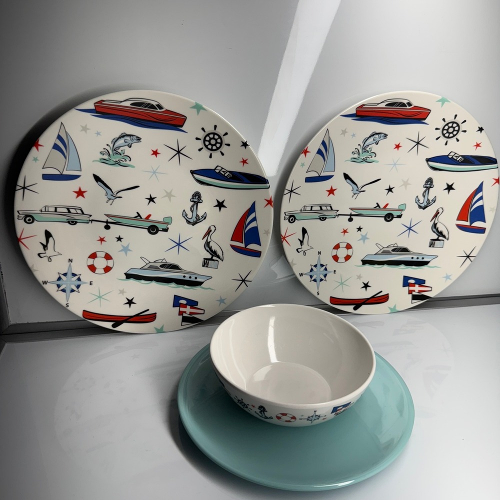 Camp Casual Melamine Nautical‎ Plates Bowl Set Seaside Boat Anchor Sailboat 4